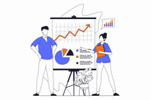 Business Activities Concept With People Scene In Flat Outline Design. Man And Woman Discussing Growth Data, Perfecting Development Strategy. Illustration With Line Character Situation For Web