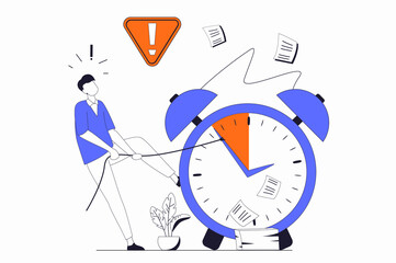 Poster - Deadline concept with people scene in flat outline design. Man trying to complete work tasks and paperwork in office before time is ending. Illustration with line character situation for web