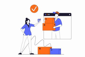 Aufkleber - Delivery service concept with people scene in flat outline design. Woman orders courier parcel delivery online and pays to receive boxes. Illustration with line character situation for web
