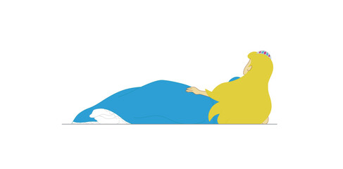 Back view of a beautiful princess character with a blue dress and long blonde hair lying on floor, bed. Colourful cartoon style vector illustration isolated on white background.