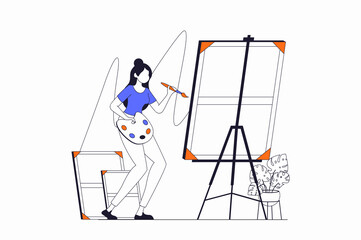 Poster - Hobby concept with people scene in flat outline design. Woman artist draws picture on easel, spends leisure time and studying in art studio. Illustration with line character situation for web