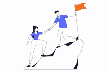 Wall Mural - Leadership concept with people scene in flat outline design. Man and woman climb mountain and set flag on top, achieve success business goals. Illustration with line character situation for web