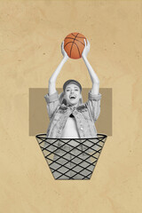 Wall Mural - Vertical creative photo collage illustration of positive cheerful nice girl raising basketball ball isolated on beige color background