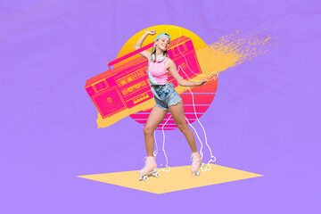 Collage picture of young funny hipster woman listen music dancing wear rollerblades enjoy summer time neon boombox isolated on purple background