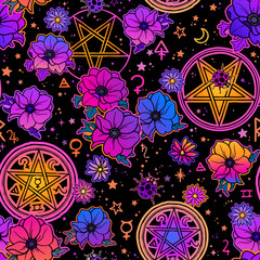 Sticker - Seamless vector pattern of magical symbols and flowers