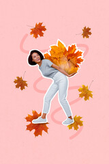 Sticker - Collage artwork graphics picture of dreamy happy lady carrying big huge leaves pile isolated painting background