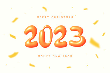 Wall Mural - Happy New Year 2023. 3d Realistic glossy numbers with confetti. New Year and Merry Christmas banner with 3d plastic text in cartoon style. Noel celebration poster. Vector illustration.