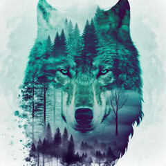 Naklejka na meble Concept art illustration of grey wolf and forest double exposure