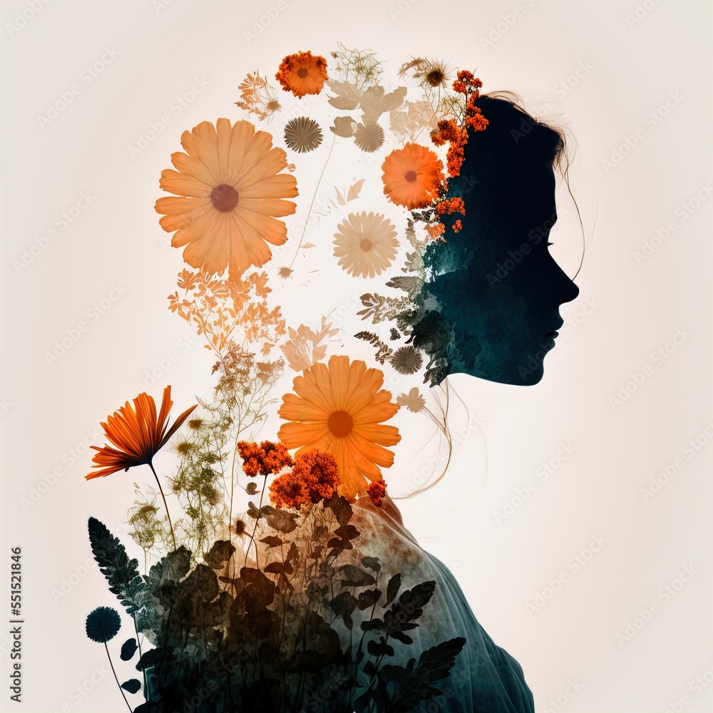Surreal double exposure image of woman and flowers. Great for ads, book ...