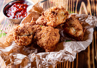 Poster - deep fried Chicken meat balls in breading on wooden table