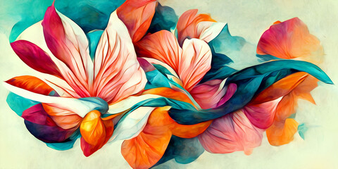 Artistic illustration of flowers with vivid colors and spring atmosphere - floral background. Created with AI and Photoshop