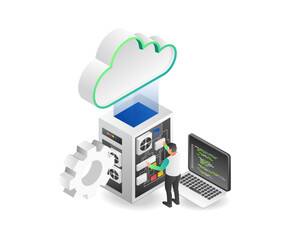 Poster - Flat isometric illustration concept of technician programmer cloud server