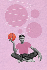 Poster - Vertical collage image of positive black white effect guy sitting arm hold basketball isolated on painted background