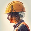 © Virtual Actors - Double exposure photo of man in hard hat in various situations at work made with Generative AI.