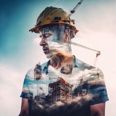 Wall Mural - Double exposure photo of man in hard hat in various situations at work made with Generative AI.