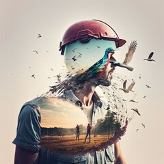 Wall Mural - Double exposure photo of man in hard hat in various situations at work made with Generative AI.