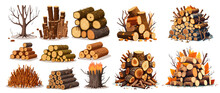 Wood Trunks. Pile Firewood, Tree Lumber, Wood Logs, Logging Twigs And Wooden Planks, Stacked Firewood Material  Isolated On A White Background