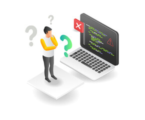 flat isometric concept illustration of programmer confused with his work problem