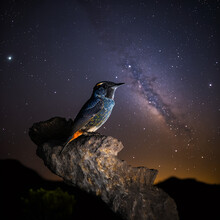 A Wide Shot Of A Flowerpecker Perched Atop A Rocky Outcropping In The Middle Of A Star-filled Night Sky. Capturing The Majestic Silhouette Of The Bird Against The Starry Backdrop.