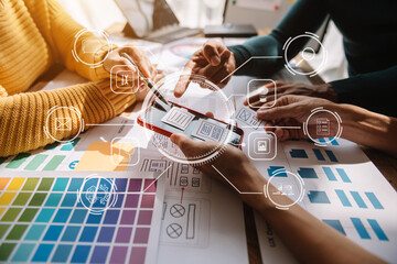 UX graphic designer planning application process development prototype wireframe for web smart phone. Creative digital development agency..