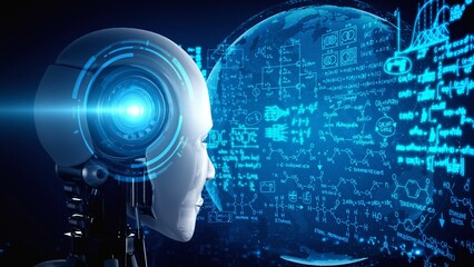 hominoid AI robot looking at hologram screen in concept of math calculation and scientific equation analytic using artificial intelligence by machine learning process. 3D rendering.