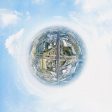 Fototapeta Tęcza - Globe panorama. 360 Degree Spherical panorama of Multilevel junction motorway top view, Road traffic an important infrastructure in Thailand.Expressway Road and Roundabout.