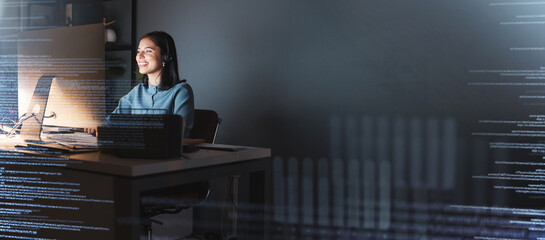 Leinwandbilder - Office woman, digital overlay and night with computer, it vision or cyber security mockup. Cyber programmer, happy worker or big data expert in web coding workspace for information technology in dark