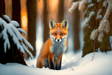 Wall Mural - cute red fox cub in winter forest. making eye contact. snowy landscape. digital art