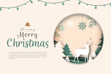 Wall Mural - Christmas card with text and circle frame decoration in sage green and beige color theme