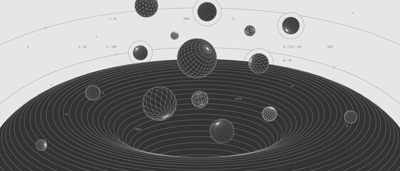 Poster - Strange abstract modern wireframes 3d geometric shapes, graphic composition design vector background, flying balls from black hole wormhole, scientific illustration