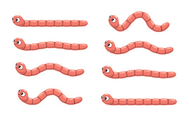 Animated cartoon funny worm. Animation of crawl earthworm. Happy animal movement stages or frames, earth worm funny vector character. Cute earthworm isolated personage animation motion sequence loop