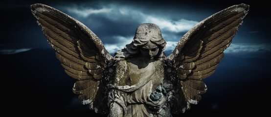 Wall Mural - Death concept. Angel crying as symbol of pain, fear and end of human life. Hprizontal image.