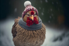 Christmas Hen With Santa Hat In The Snow, Realistic 3d Rendering