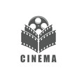 Movie cinema icon. Cinematography industry, movie theater or television production monochrome vector symbol, vintage emblem or sign with 35 mm celluloid film reel and strip