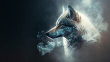 Gray Wolf In White Mysterious Smoke Isolated On Clen Background, Fog, Space For Text, Saxony