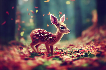 Wall Mural - Baby deer Bambi in the grass , enchanted forest at night