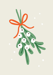 Wall Mural - Hand Drawn Mistletoe With White Berries And Red Bow. Simple Style Vector Holiday Illustration. Ideal For Christmas Greeting Card, Invitation, Poster And Other.