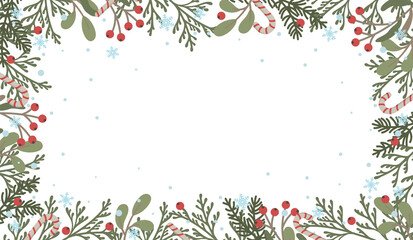 christmas winter holiday frame with hand drawn christmas tree branches, leaves, berries, snowflakes.