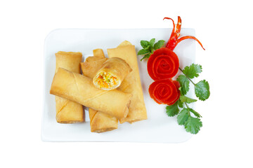 Wall Mural - Springrolls on plate with decoration transparent with PNG.