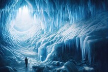 Inside A Blue Glacial Ice Cave In The Glacier With Frozen Icepicks