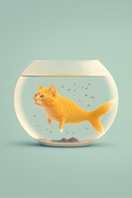 Mermaid Cat In A Fish Bowl. Funny. Generative AI.