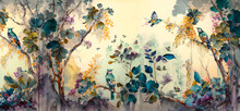 Digital Watercolor Painting, High Quality, Of A Forest Landscape With Birds, Butterflies And Trees, In Bright Colors And In A Consistent Style_2
