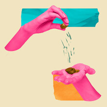 Surreal Art Design With Two Pink Human Hands With Coins Over Light Background With Crumpled Paper Effect. Inspiration, Idea, Creativity, Surrealism. Colorful Minimalism