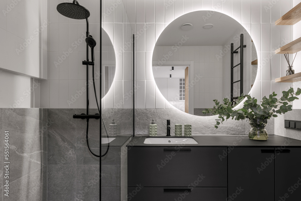 Modern minimalistic bathroom interior design with grey stone tiles ...