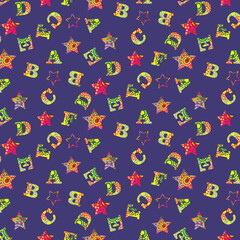 seamless colorful pattern with stars and letters, for children textile, print, wrapping paper, wallpaper, background, alphabet, ABC, 