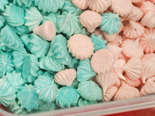 Bunch Of Pink And Light Blue Meringues For Cake And Sweets Decoration