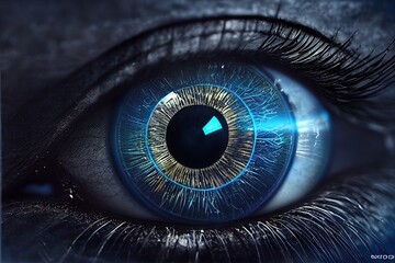 Human android cyborg eye futuristic control protection personal internet security access.Concept robot dna system, future scientific technology innovation science. Blue polygonal vector