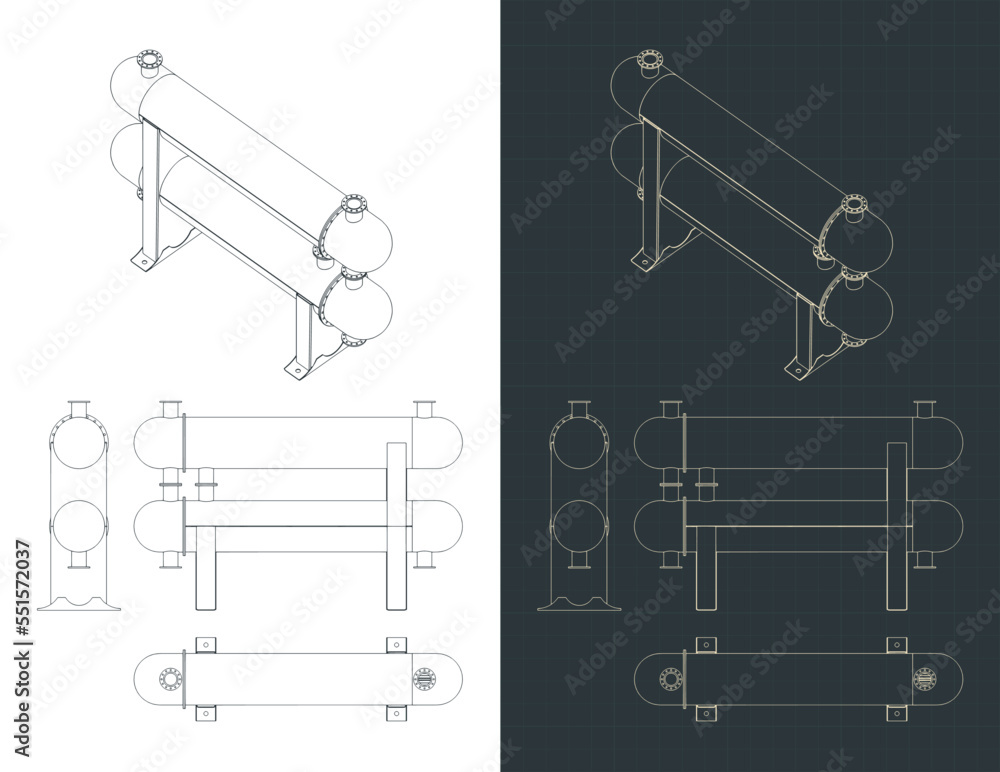 Shell and tube heat exchanger blueprints Stock Vector | Adobe Stock