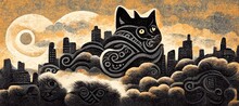 Cat, City And Moon, Pattern, Tattoo Idea. Wallpaper