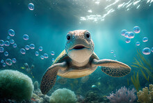 Cute Turtle Smiling Under The Sea.